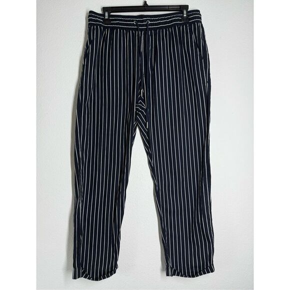 FOREVER 21 Men Navy Blue White Striped Pants Size M Drawstring - Picture 1 of 12